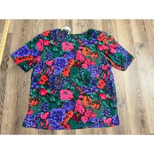 Christie & Jill Shirt Womens Medium Green Purple Pink Floral Padded Shoulders